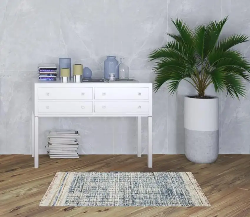 Blue Abstract Power Loom Distressed Non Skid Area Rug Photo 2