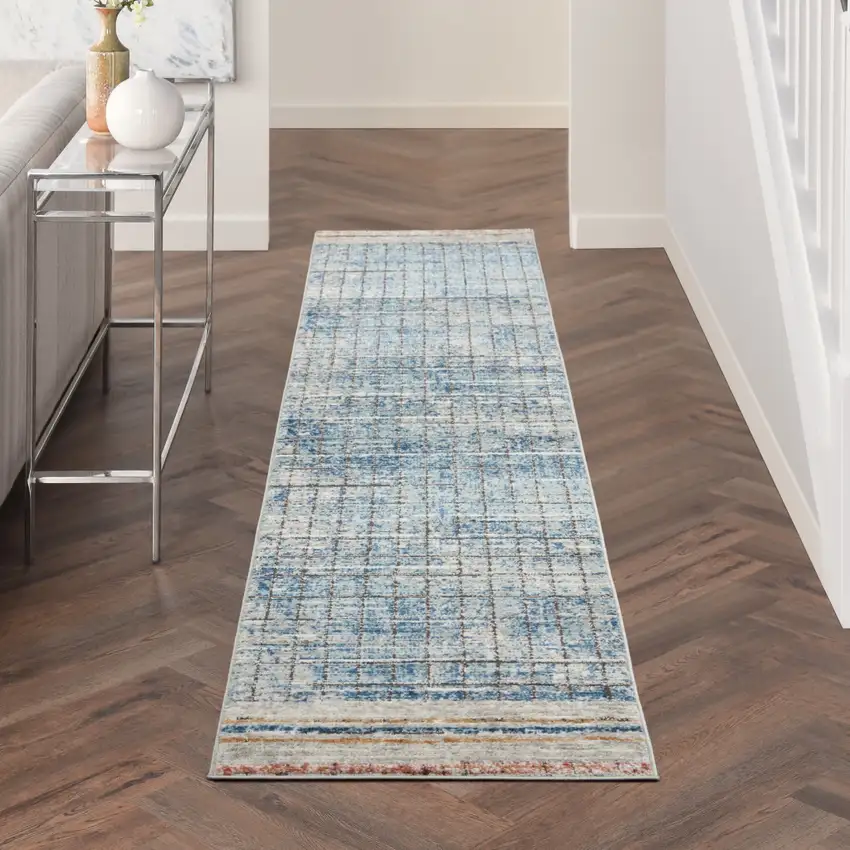 Blue Abstract Power Loom Distressed Non Skid Runner Rug Photo 5