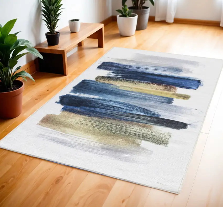 Blue Abstract Power Loom Washable Non Skid Area Rug Photo 1