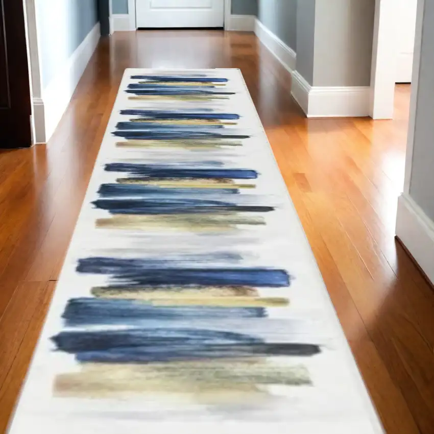 Blue Abstract Power Loom Washable Non Skid Runner Rug Photo 1