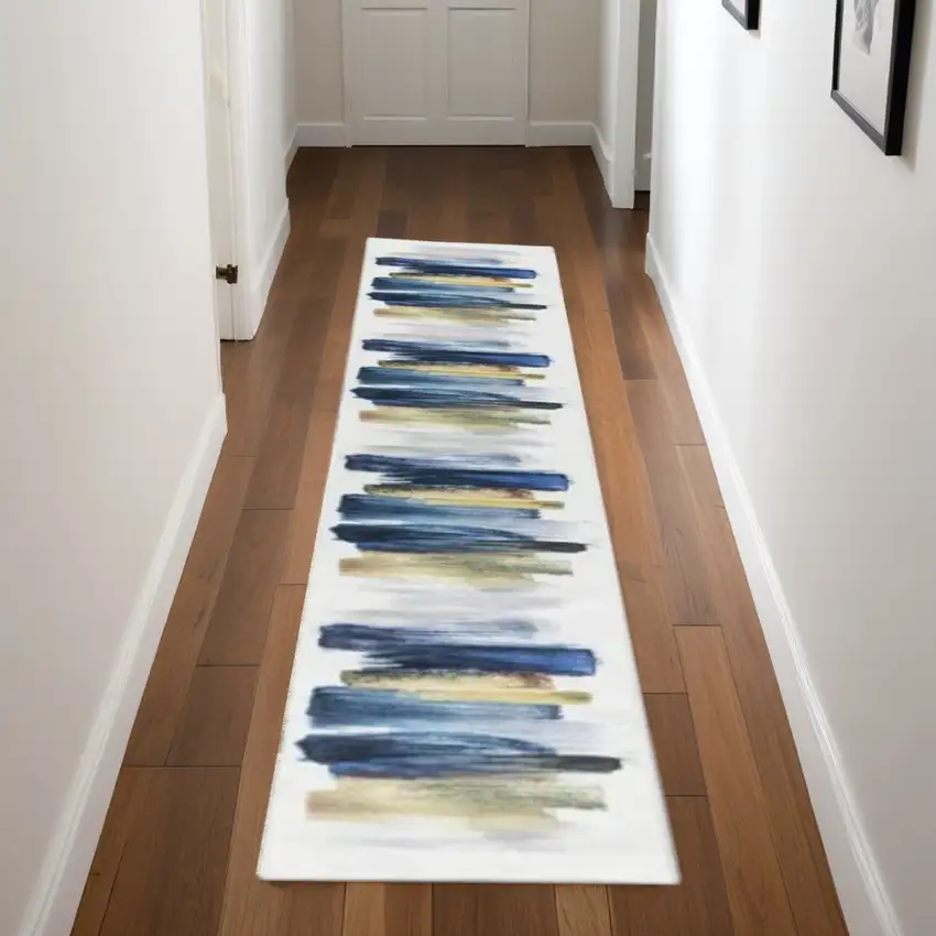 Blue Abstract Power Loom Washable Non Skid Runner Rug Photo 1