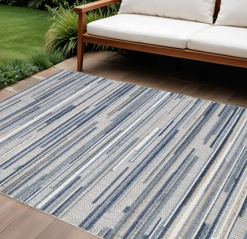 Blue Gray And Ivory Striped Indoor Outdoor Area Rug Photo 1
