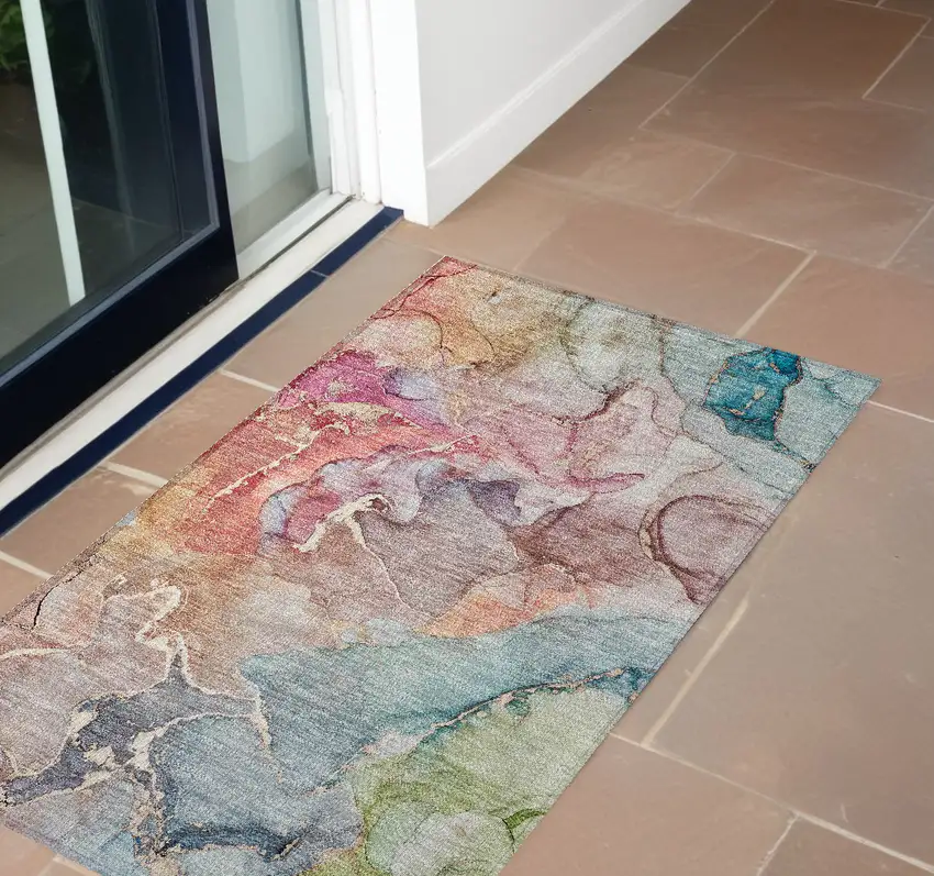 Blue Abstract Washable Non Skid Indoor Outdoor Area Rug Photo 1