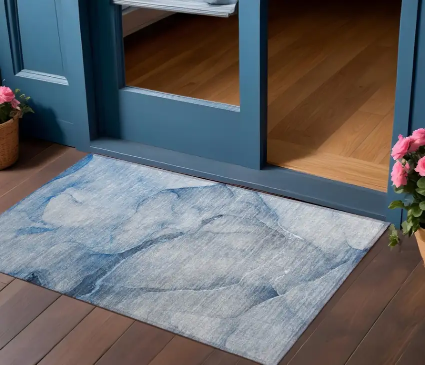 Blue Abstract Washable Non Skid Indoor Outdoor Area Rug Photo 1
