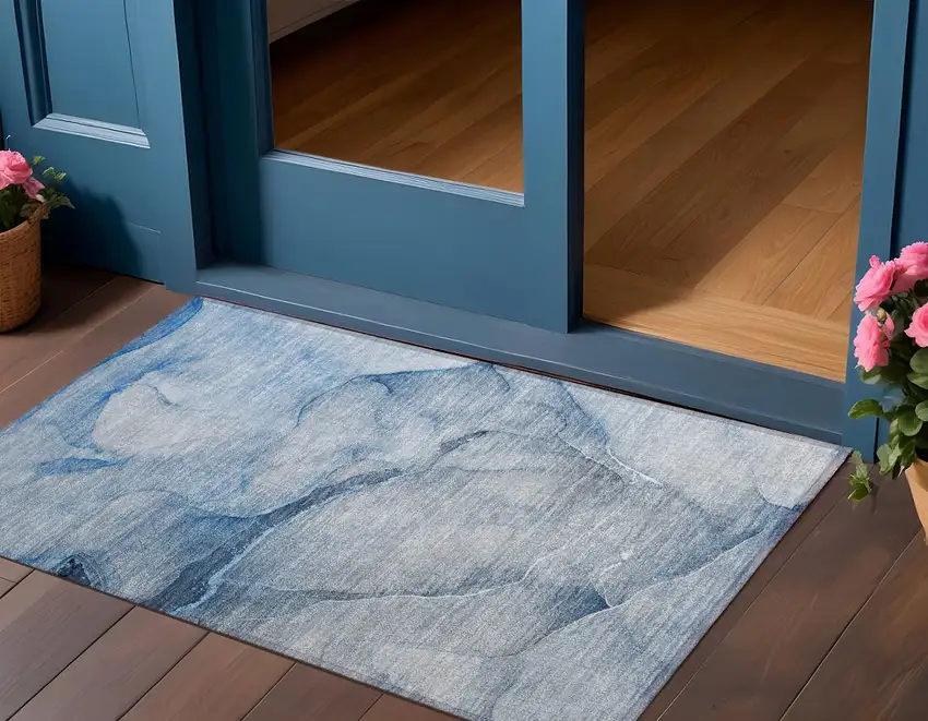 Blue Abstract Washable Non Skid Indoor Outdoor Area Rug Photo 1