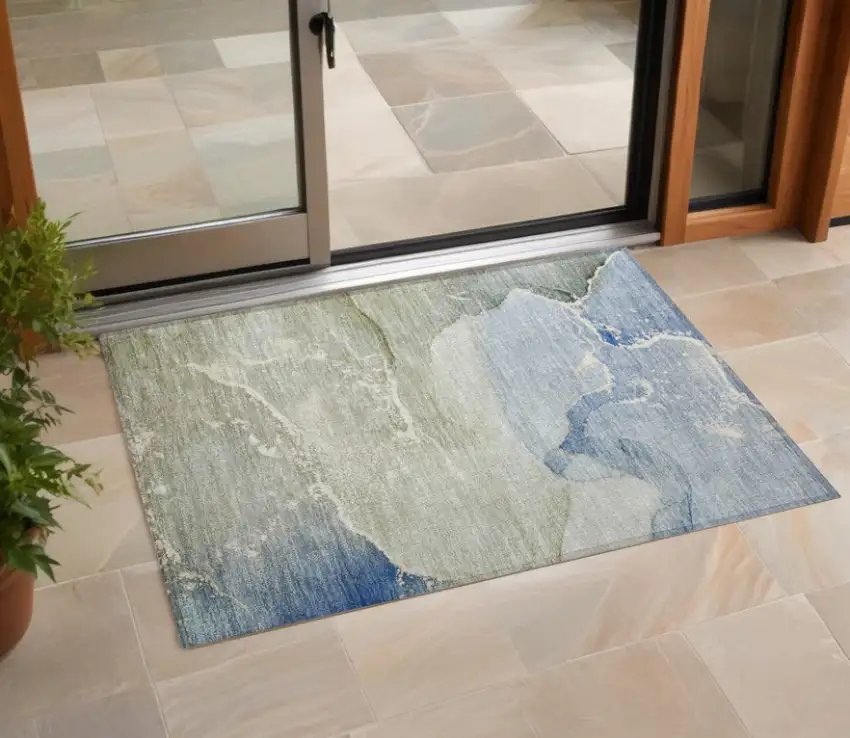 Blue and Green Abstract Washable Indoor Outdoor Area Rug Photo 1