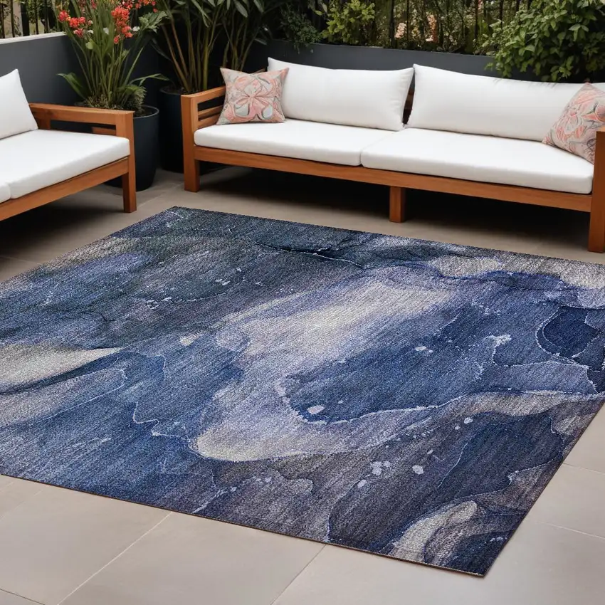 Blue Abstract Washable Non Skid Indoor Outdoor Area Rug Photo 1
