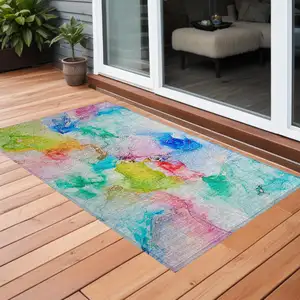 Photo of Blue Abstract Washable Non Skid Indoor Outdoor Area Rug