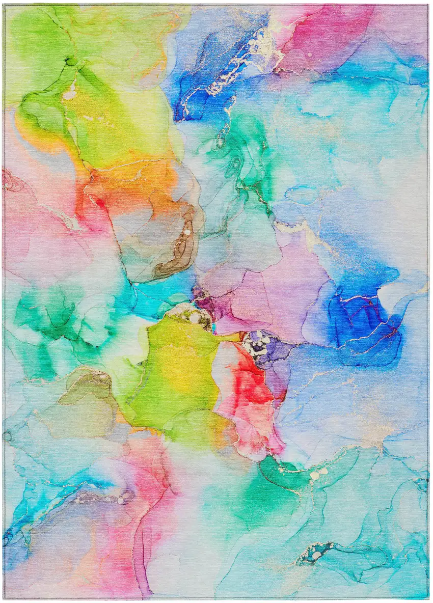 Blue Pink and Green Abstract Washable Indoor Outdoor Area Rug Photo 2