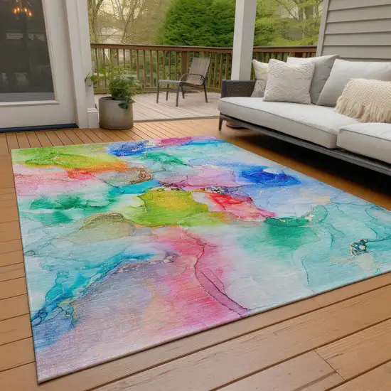 Blue Pink and Green Abstract Washable Indoor Outdoor Area Rug Photo 8