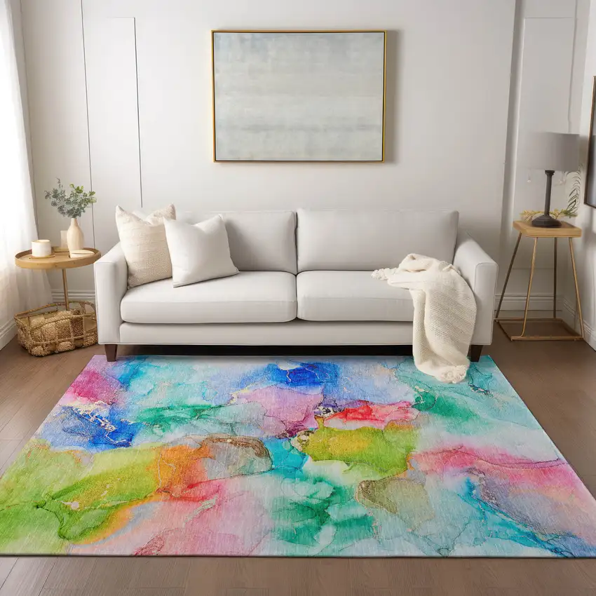 Blue Pink and Green Abstract Washable Indoor Outdoor Area Rug Photo 7