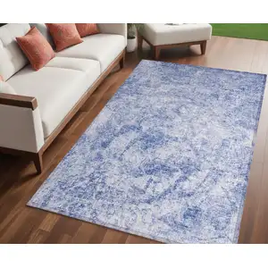 Photo of Blue Abstract Washable Non Skid Indoor Outdoor Area Rug