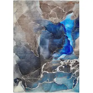 Photo of Blue Abstract Washable Non Skid Indoor Outdoor Area Rug