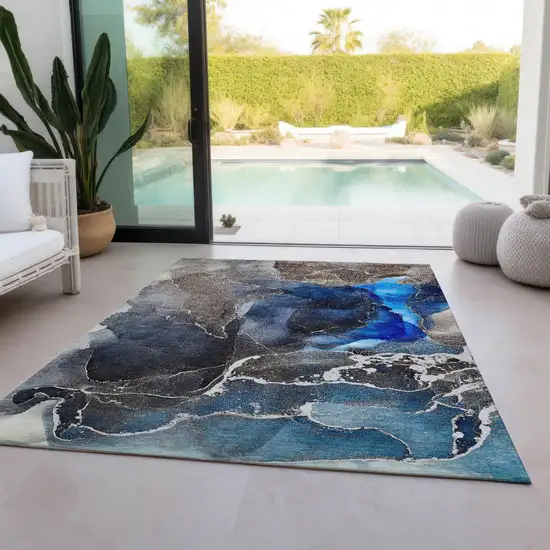 Blue Abstract Washable Non Skid Indoor Outdoor Area Rug Photo 9