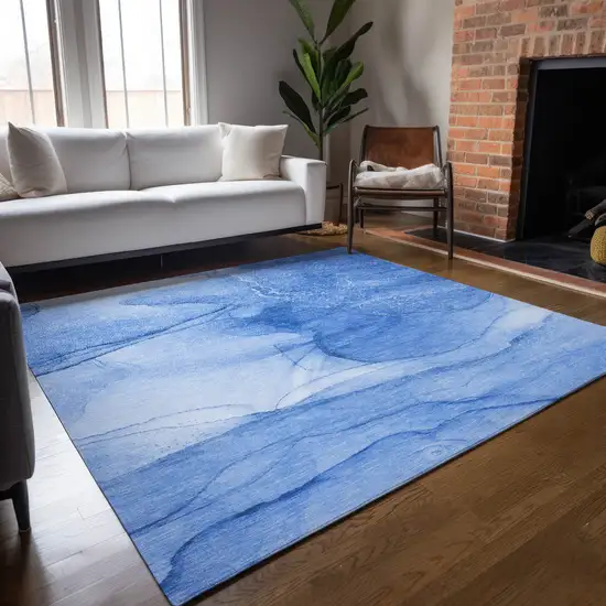 Blue Abstract Washable Non Skid Indoor Outdoor Area Rug Photo 9
