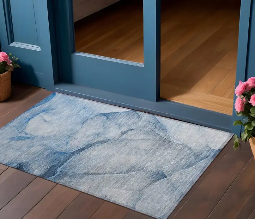 Blue Abstract Washable Non Skid Indoor Outdoor Area Rug Photo 1