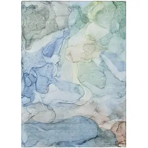 Photo of Blue Abstract Washable Non Skid Indoor Outdoor Area Rug