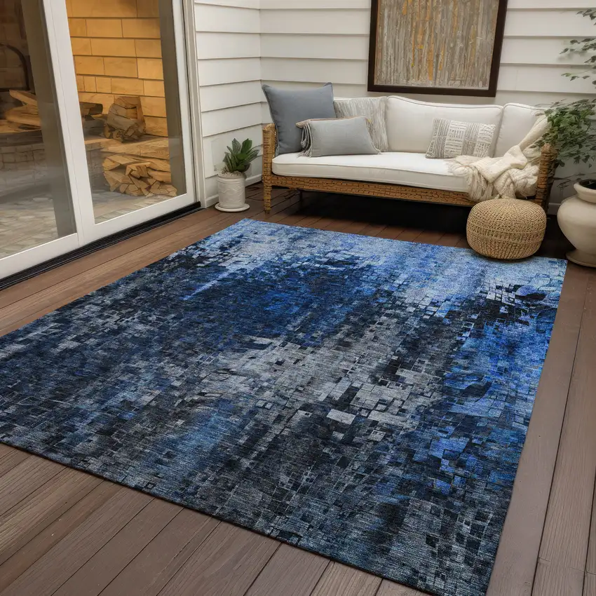 Navy Blue And Denim Blue Abstract Washable Indoor Outdoor Area Rug Photo 9