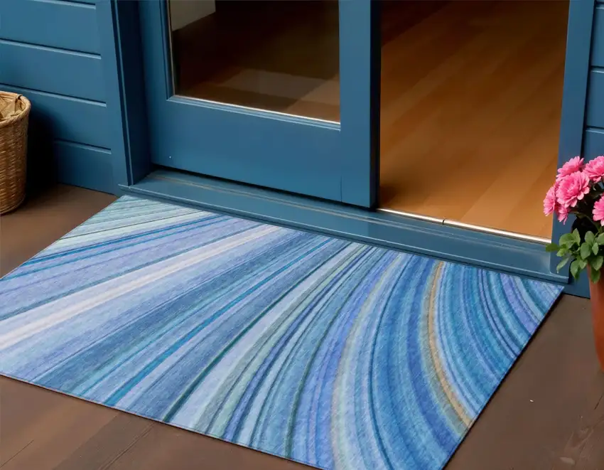 Denim Blue And Sky Blue Abstract Washable Indoor Outdoor Area Rug Photo 1