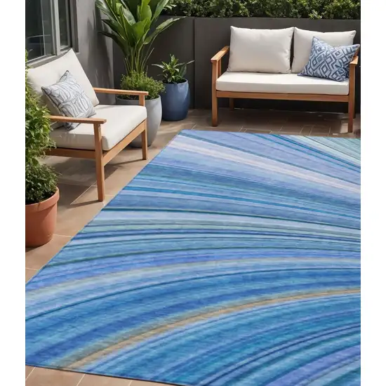 Denim Blue And Sky Blue Abstract Washable Indoor Outdoor Area Rug Photo 1
