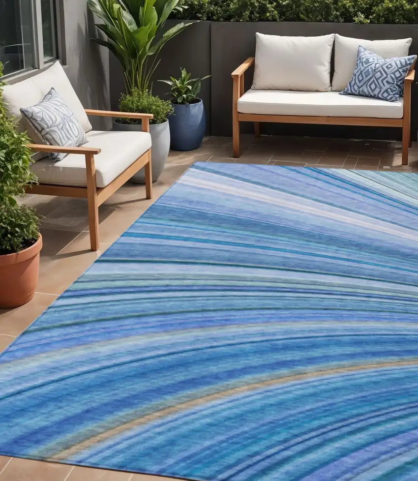 Denim Blue And Sky Blue Abstract Washable Indoor Outdoor Area Rug Photo 1
