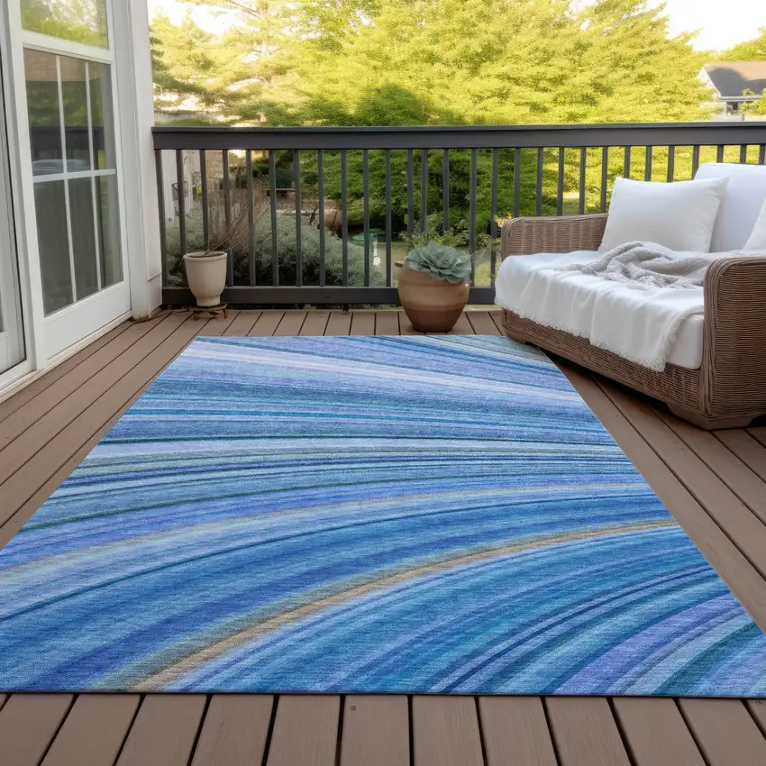 Denim Blue And Sky Blue Abstract Washable Indoor Outdoor Area Rug Photo 8