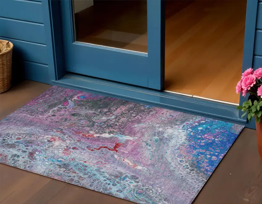 Blue Abstract Washable Non Skid Indoor Outdoor Area Rug Photo 1