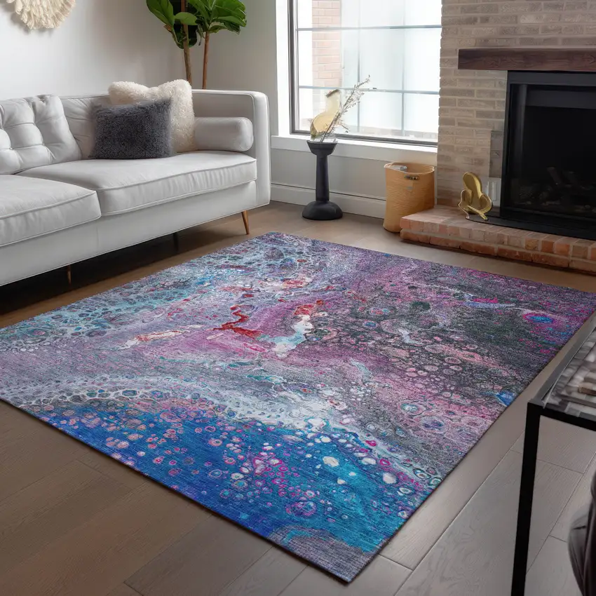 Sky Blue And Purple Abstract Washable Indoor Outdoor Area Rug Photo 8