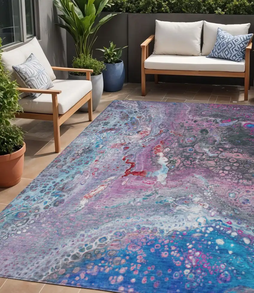Blue Abstract Washable Non Skid Indoor Outdoor Area Rug Photo 1