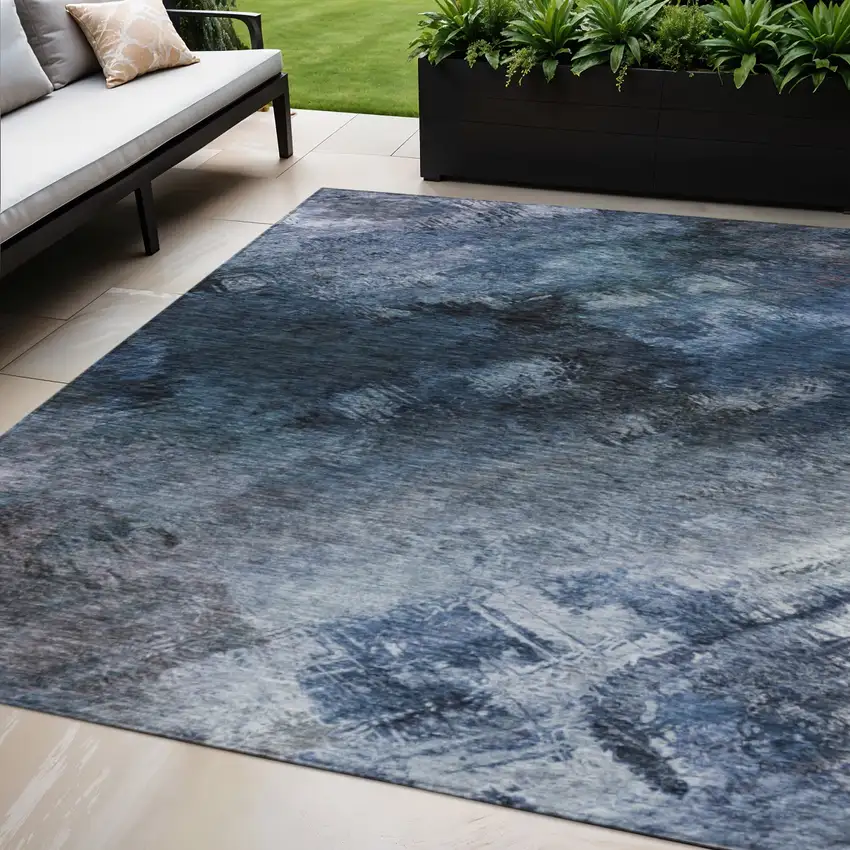 Navy Blue And Denim Blue Abstract Washable Indoor Outdoor Area Rug Photo 1