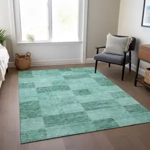 Photo of Blue And Aqua Geometric Washable Indoor Outdoor Area Rug
