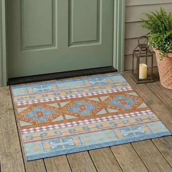 Blue And Aqua Tribal Washable Indoor Outdoor Area Rug Photo 1