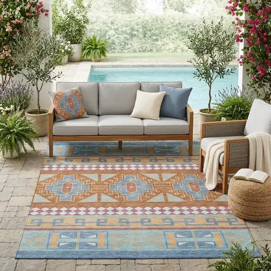 Blue And Aqua Tribal Washable Indoor Outdoor Area Rug Photo 1