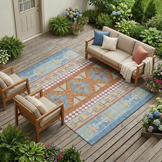 Blue And Aqua Tribal Washable Indoor Outdoor Area Rug Photo 1