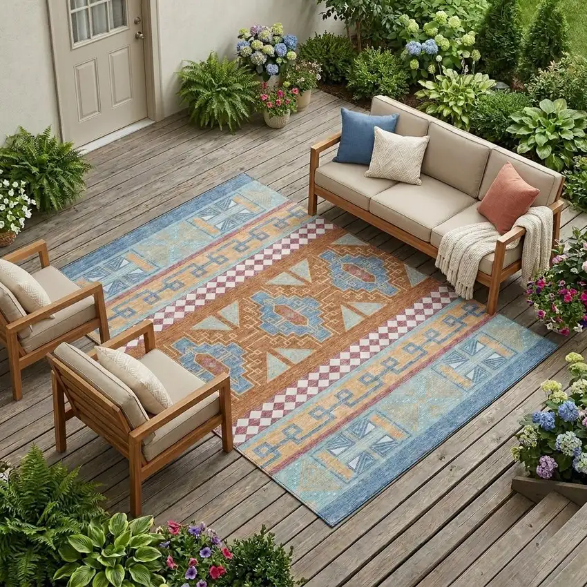 Blue And Aqua Tribal Washable Indoor Outdoor Area Rug Photo 1