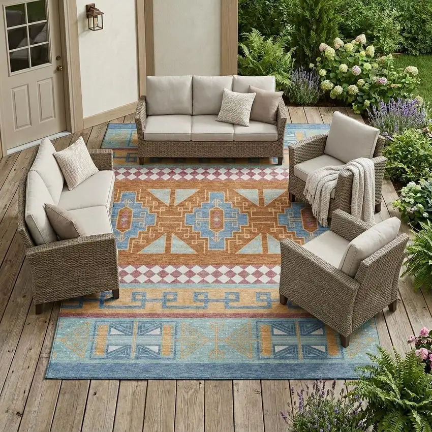 Blue And Aqua Tribal Washable Indoor Outdoor Area Rug Photo 1