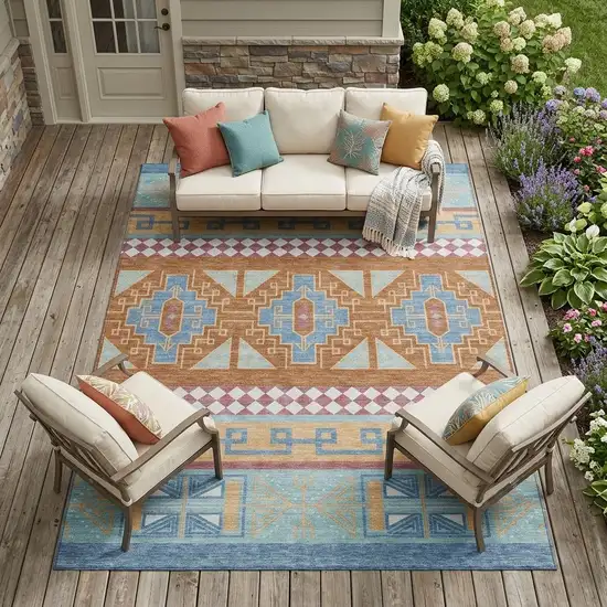 Blue And Aqua Tribal Washable Indoor Outdoor Area Rug Photo 1