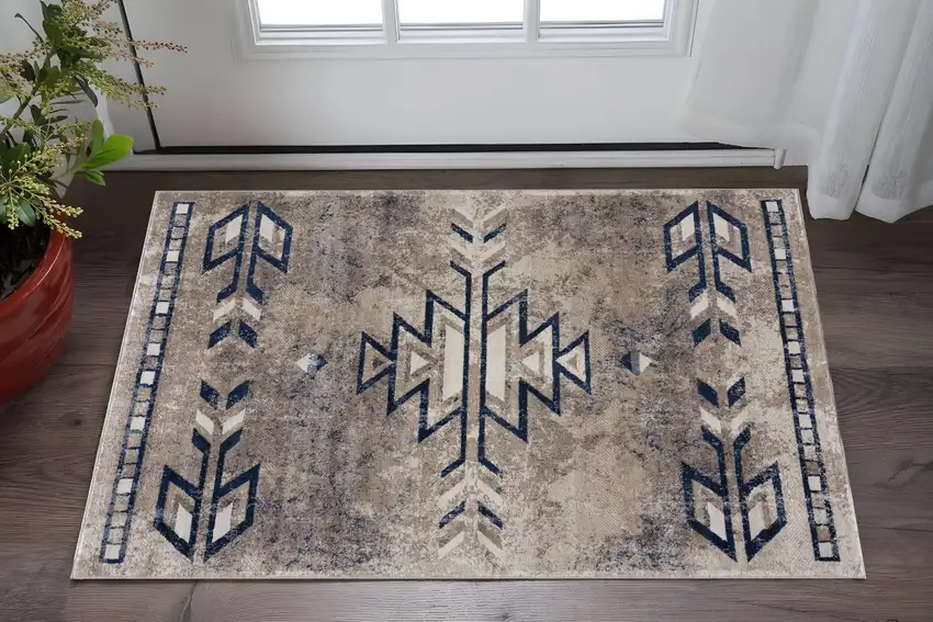 Blue And Beige Abstract Area Rug Photo 1