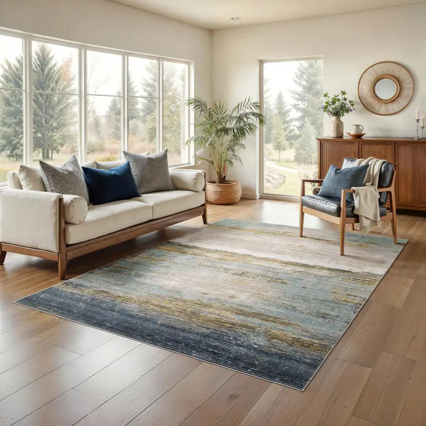 Blue And Beige Abstract Area Rug Photo 5