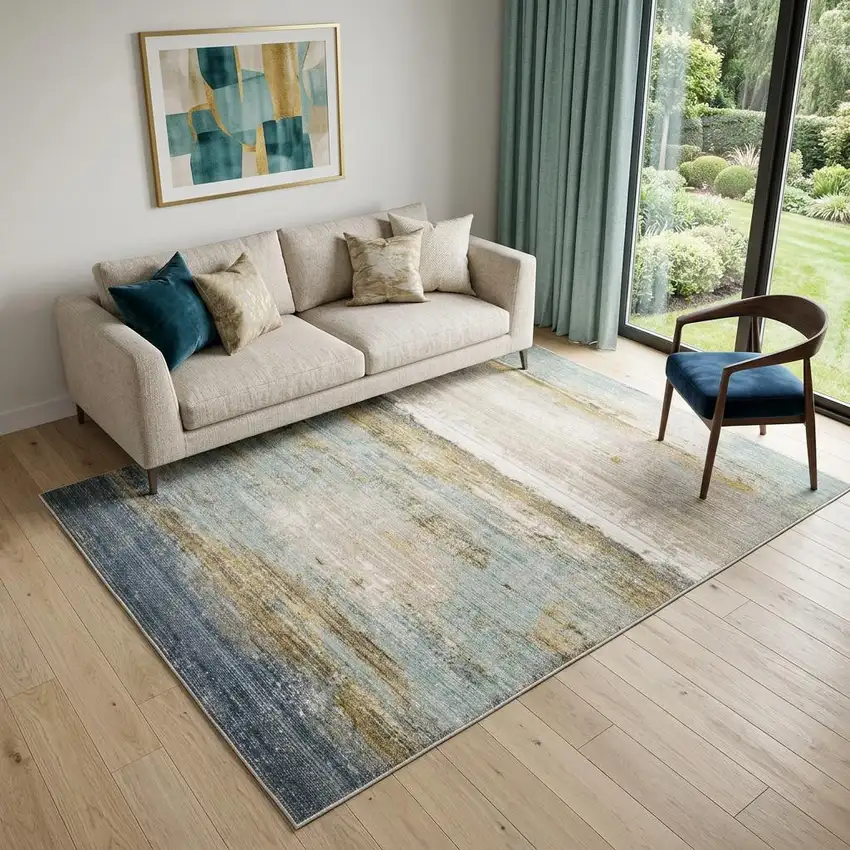 Blue And Beige Abstract Area Rug Photo 1