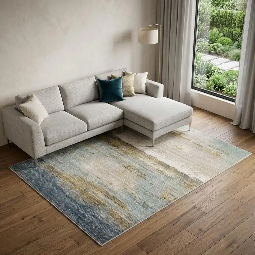 Blue And Beige Abstract Area Rug Photo 1