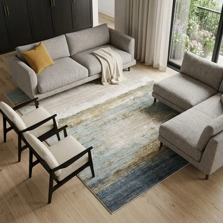 Blue And Beige Abstract Area Rug Photo 1
