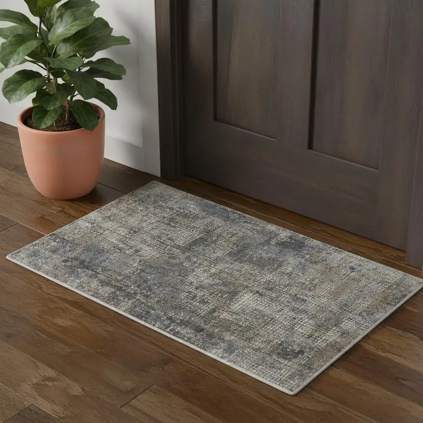 Blue And Beige Abstract Power Loom Distressed Non Skid Area Rug Photo 1