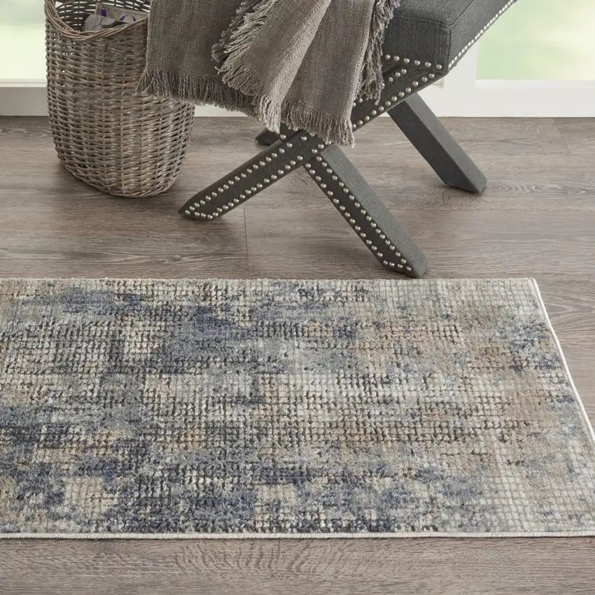 Blue And Beige Abstract Power Loom Distressed Non Skid Area Rug Photo 4