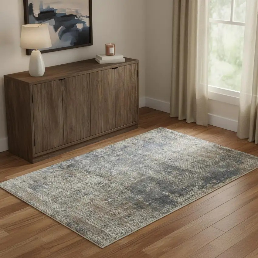 Blue And Beige Abstract Power Loom Distressed Non Skid Area Rug Photo 1