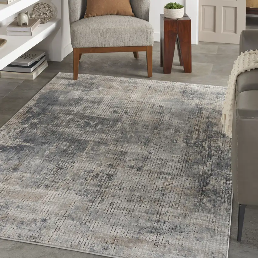 Blue And Beige Abstract Power Loom Distressed Non Skid Area Rug Photo 4