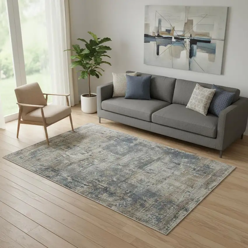 Blue And Beige Abstract Power Loom Distressed Non Skid Area Rug Photo 1