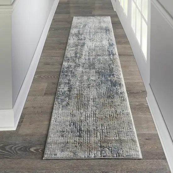 2' X 8' Blue And Beige Abstract Power Loom Distressed Non Skid Runner Rug Photo 5