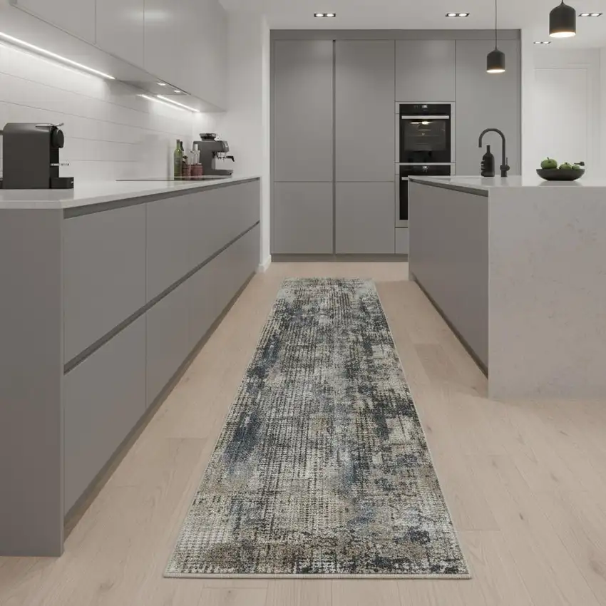 2' X 8' Blue And Beige Abstract Power Loom Distressed Non Skid Runner Rug Photo 1