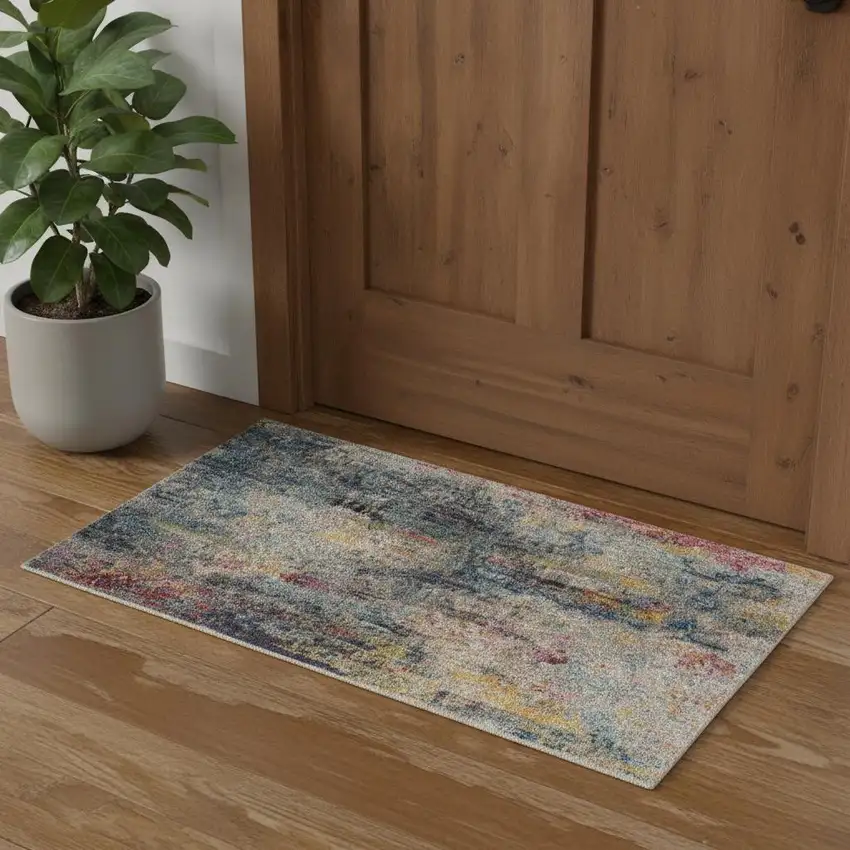 Blue And Beige Abstract Power Loom Non Skid Area Rug Photo 1